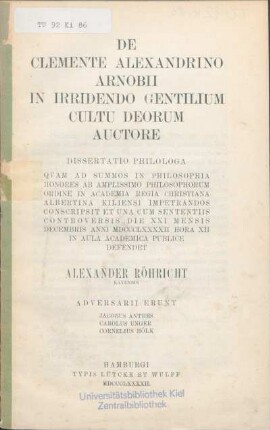 De Clemente Alexandrino Arnobii in irridendo gentilium cultu deorum auctore