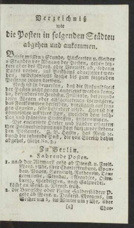 Verzeichniß wie die Posten in folgenden Städten abgehen und ankommen.