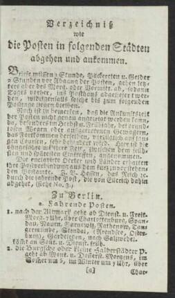 Verzeichniß wie die Posten in folgenden Städten abgehen und ankommen.