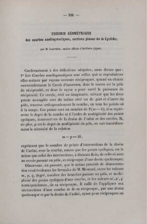 Théorie géométrique des courbes anallagmatiques, sections planes de la cyclide.