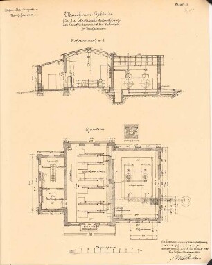 Leuchtturm, Maschinengebäude und Lotsenwachgebäude auf dem Lotsenberg, Danzig-Neufahrwasser: Maschinengebäude für den Leuchtturm: Grundriss, Schnitt 1:100