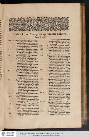 Codicis Graeci Snyopsis Capitumque Eiusdem series