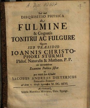 Disquisitio Physica de Fulmine & Cognatis Tonitru Ac Fulgure