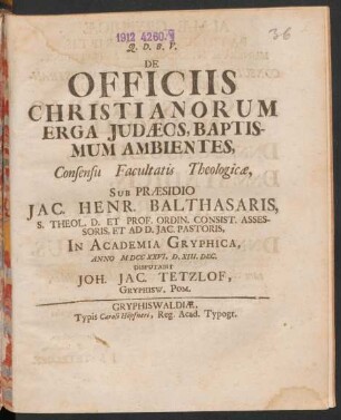 De Officiis Christianorum Erga Judæos, Baptismum Ambientes, Consensu Facultatis Theologicæ