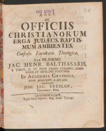 De Officiis Christianorum Erga Judæos, Baptismum Ambientes, Consensu Facultatis Theologicæ