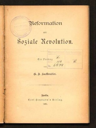 Reformation und Soziale Revolution : Ein Vortrag