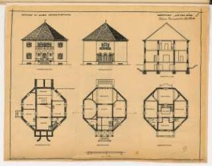 Achteckiges Landhaus Monatskonkurrenz März 1924: Grundriss Keller, Erdgeschoss, Obergeschoss, Aufriss Vorderansicht, Rückansicht, Querschnitt 1:100; Maßstabsleiste