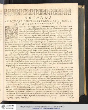 Decanus Reliqviqve Doctores Facultatis Juridicae in Academia Marpurgensi