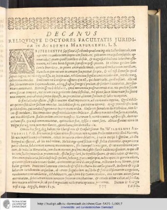 Decanus Reliqviqve Doctores Facultatis Juridicae in Academia Marpurgensi
