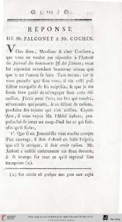 Réponse de Mr. Falconet à Mr. Cochin