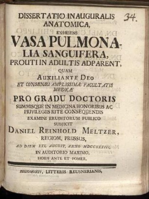 Dissertatio Inauguralis Anatomica, Exhibens Vasa Pulmonalia Sanguifera, Prouti In Adultis Adparent