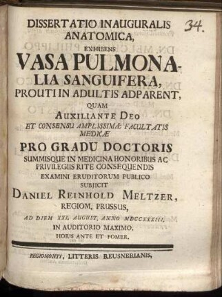 Dissertatio Inauguralis Anatomica, Exhibens Vasa Pulmonalia Sanguifera, Prouti In Adultis Adparent