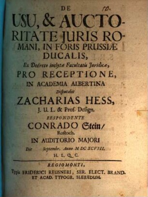 De usu, & auctoritate juris Romani, in foris Prussiae ducalis