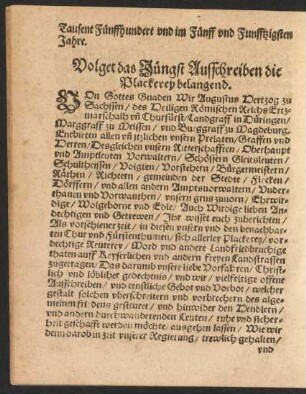 Volget das Jüngst Ausschreiben die Plackerey belangend.