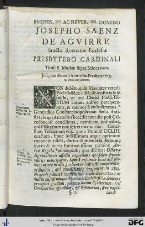 Eminentissimo Ac Reverendissimo Domino Josepho Saenz De Aguirre ...