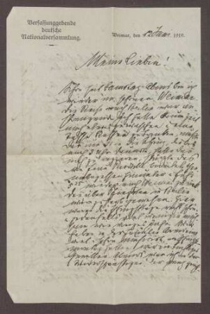 Schreiben von Constantin Fehrenbach, Weimar, an Elisabeth Rosset, Bericht über häufige Reisen zwischen Berlin und Weimar und die Plenarsitzungen