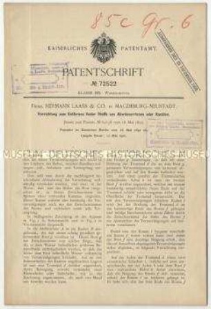 Patentschrift einer Vorrichtung zum Entfernen fester Stoffe aus Abwässerrinnen oder Kanälen, Patent-Nr. 72522