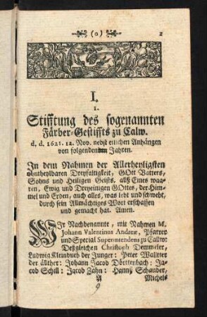 1-9, I. Stifftung des sogenannten Färber-Gestiffts zu Calw.