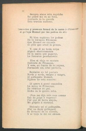 Concesión y promesa formal de la mano de Filomena al gallego Manuel por los padres de ella.