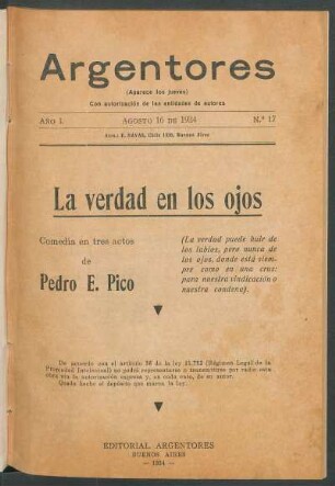 1934001700: La verdad en los ojos : comedia en tres actos