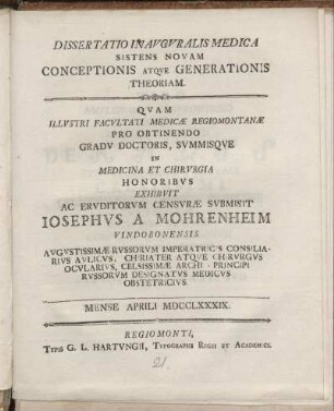 Dissertatio Inavgvralis Medica Sistens Novam Conceptionis Atqve Generationis Theoriam