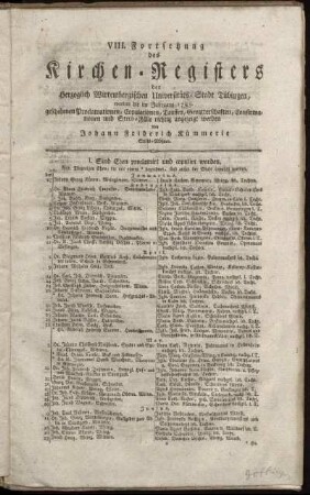 8: Fortsetzung des Kirchen-Registers der Herzoglich Wirtembergischen Universitäts-Stadt Tübingen