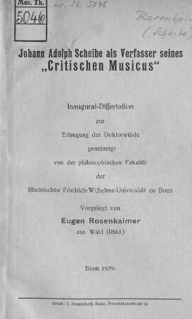 Johann Adolph Scheibe als Verfasser seines "Critischen Musicus"
