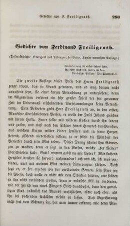 Gedichte von Ferdinand Freiligrath. (Deßen Gedichte. Stuttgart und Tübingen, bei Cotta. Zweite vermehrte Auflage)