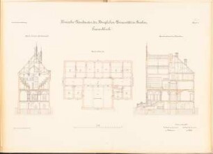 Universität Breslau Klinische Neubauten. Frauenklinik: Schnitt, Grundriss 2.OG, Querschnitt durch den Mittelbau 1:100