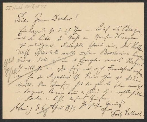 Brief an Ludwig Oppenheim und Mainzer Liedertafel und Damengesangverein : 06.04.1893