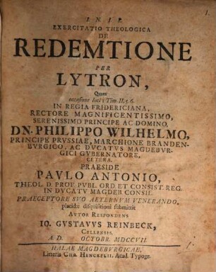 Exercitatio theol. de redemtione per lytron
