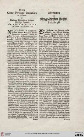 Copia Clemni Privilegii Impressorii[...] / Uebersetzung des allergnädigsten Kaiserl. Privilegii