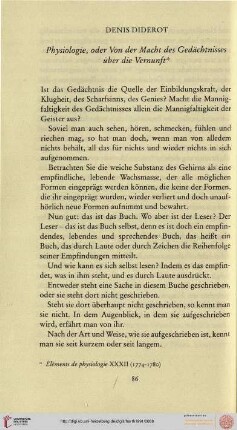 Denis Diderot: Physiologie, oder Von der Macht des Gedächtnisses über die Vernunft