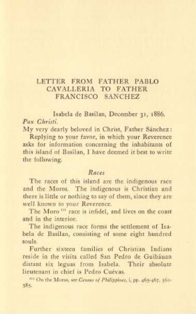 Letter from Father Pablo Cavalleria to Father Francisco Sanchez