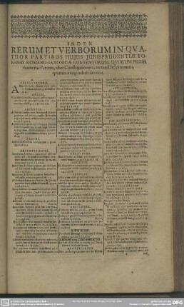 Index Rerum Et Verborum In Quatuor Partibus Hujus Jurisprudentiae Forensis Romano-Saxonicae Contentorum, Quorum Prior numerus Partem, alter Constitutionem, tertius Definitionem, quartus marginalem denotat
