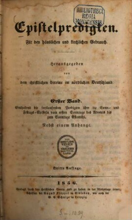 Epistelpredigten : Für den häuslichen und kirchlichen Gebrauch. Hrsg. von dem christlichen Vereine im nördlichen Deutschland. 1