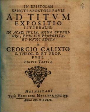In Epistolam Sancti Apostoli Pauli Ad Titum Expositio Litteralis