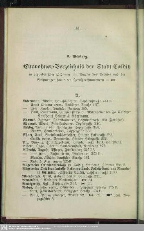 II. Abteilung. Einwohnerverzeichnis : II. Abteilung. Einwohner-Verzeichnis der Stadt Colditz