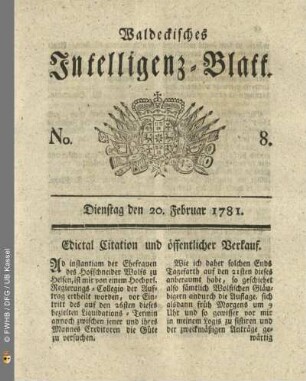 No. 8, Dienstag dem 20. Februar 1781