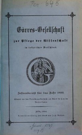 Jahresbericht der Görres-Gesellschaft. 1893. - 1894