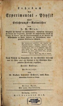 Lehrbuch der Experimental-Physik oder Erfahrungs-Naturlehre : durch Beschluß der Commission für den öffentlichen Unterricht vom 22. Febr. 1817 als Lehrbuch in den öffentlichen Lehranstalten Frankreichs eingeführt, 3