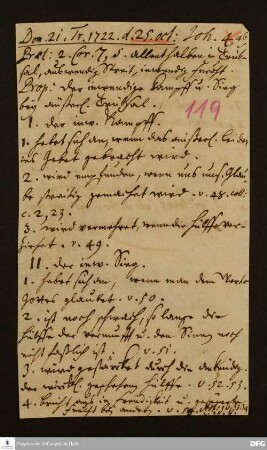 Disposition der Predigt von August Hermann Francke über Joh 4,46ff. am 25.10.1722.