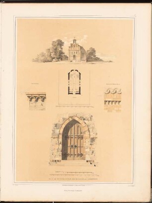 Kirche mit 200 Sitzen: Perspektivische Ansicht, Ansicht, Grundriss, zwei Details (aus: Entwürfe zu Kirchen, Pfarr- und Schulhäusern, hrsg. von der Kgl. Preuß. Oberbaudeputation, 1845-1855)