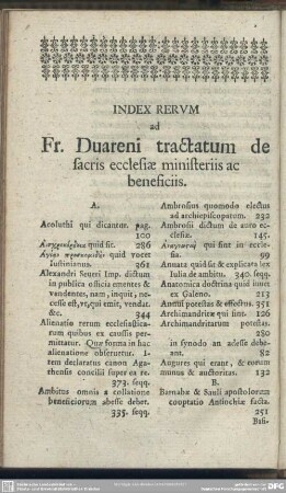 Index Rerum ad Fr. Duareni tractatum de sacris ecclesiae ministriis ac beneficiis