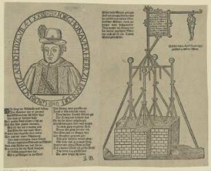Flugblatt: Die Hinrichtung des betrügerischen Alchimisten Georg Honauer an dem eigens aufgerichteten "Eisernen Galgen" in Stuttgart, 2. April 1597