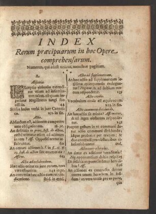 Index Rerum praecipuarum in hoc Opere comprehensarum.