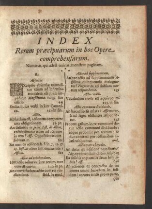 Index Rerum praecipuarum in hoc Opere comprehensarum.