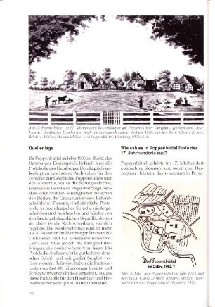 Abb. 3: Das Dorf Poppenbüttel im Jahr 1743, aus dem Buch: Clasen, Armin; Rheders, Walter, Hummelsbüttel und Poppenbüttel, Hamburg 1938.