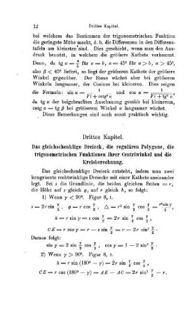 Drittes Kapitel. Das gleichschenklige Dreieck, die regulären Polygone, die trigonometrischen Funktionen ihrer Centriwinkel und die Kreisberechnung.