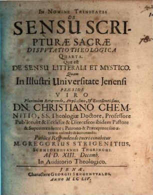 Collegium theologicum de sensu Sacrae Scripturae : inclusum sex disputationibus, Disp. theol. 4. Quae est de sensu litterali et mystico